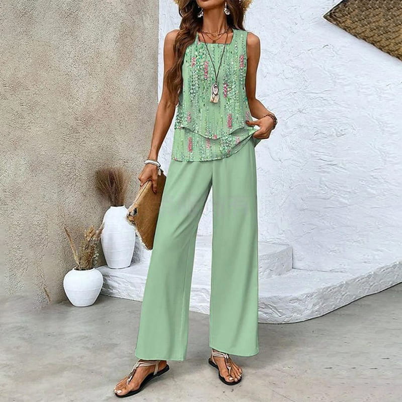 Lebhafter Blätterprint auf Damen Sommer Zweiteiler: Ärmelloses Top & elegante Weitbein-Hose. Freizeit Set.