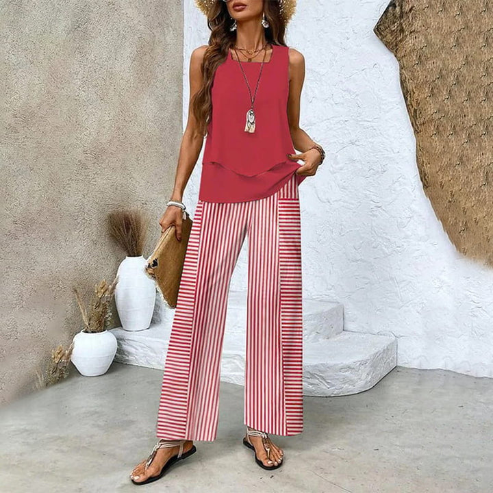 Damen Sommer Zweiteiler mit Blätterprint: Ärmelloses Top und bequeme Weitbein-Hose. Lockerer Schnitt.
