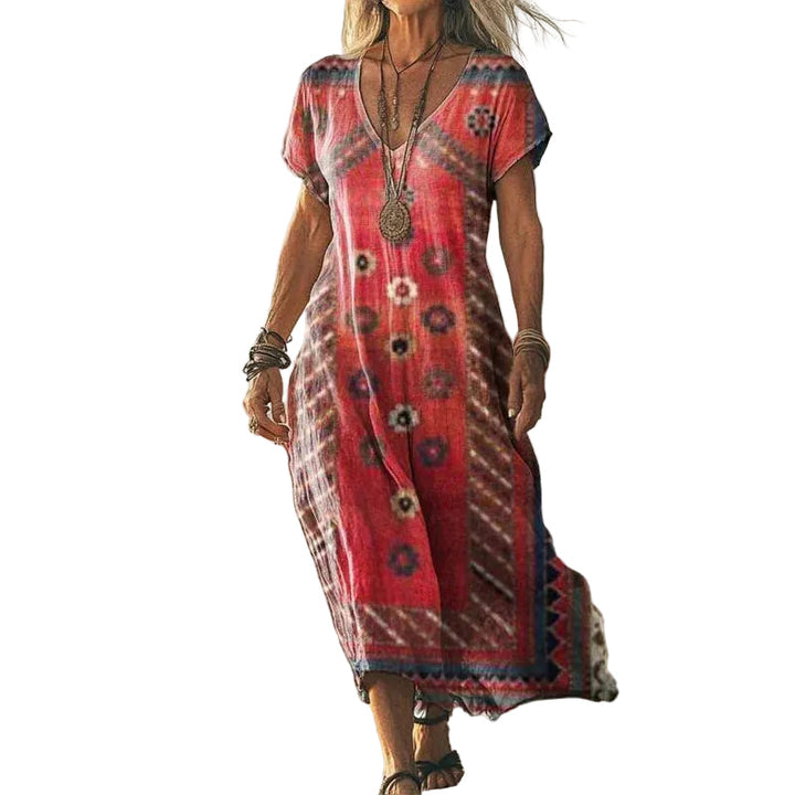 Damen Maxikleid mit V-Ausschnitt und sommerlichem Print, locker geschnitten für heiße Tage.