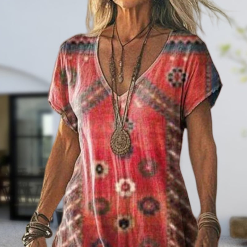 Kurzärmeliges Damen Maxikleid mit V-Ausschnitt und attraktivem Sommerprint, sehr leicht und locker.