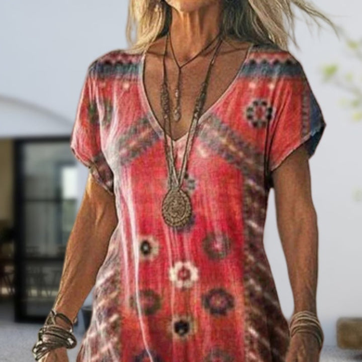 Kurzärmeliges Damen Maxikleid mit V-Ausschnitt und attraktivem Sommerprint, sehr leicht und locker.