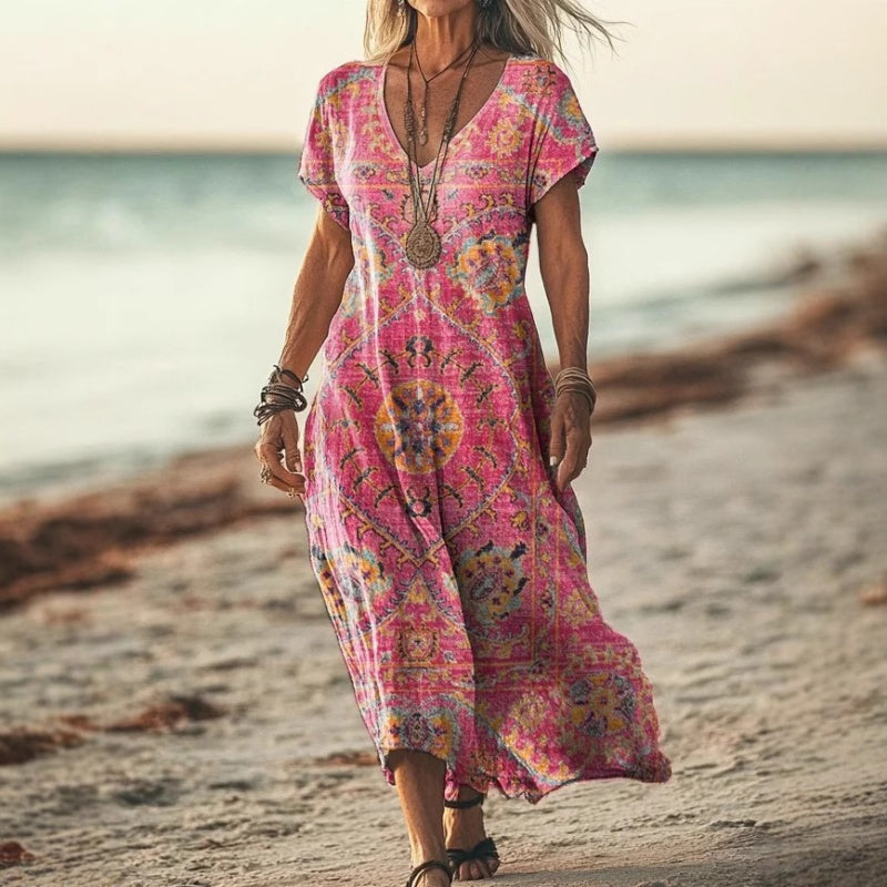 Modisches Damen Maxikleid mit farbenfrohem Sommerprint, V-Ausschnitt und bequemem Schnitt.