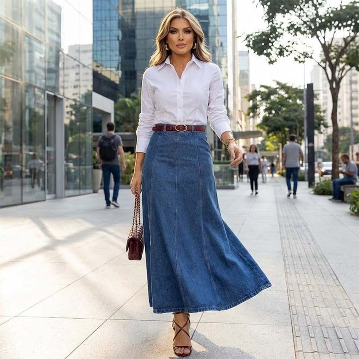Vielseitiger blauer Denim Maxirock für Damen, A-Linie, High Waist, elegant & figurschmeichelnd.