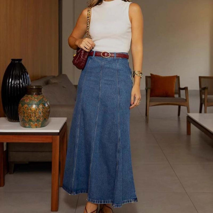 Eleganter Damen A-Linien Denim Maxirock mit High Waist in Blau, perfekt für Freizeit & Sommer.