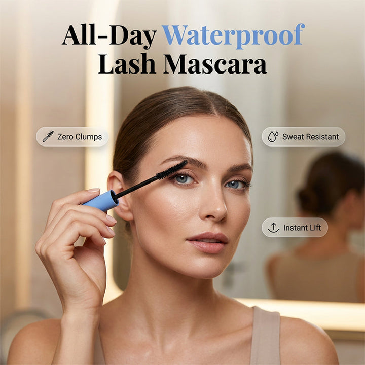 Nahaufnahme der wasserfesten Volumen-Mascara in elegantem Design, ideal für langanhaltendes Augen-Make-up.