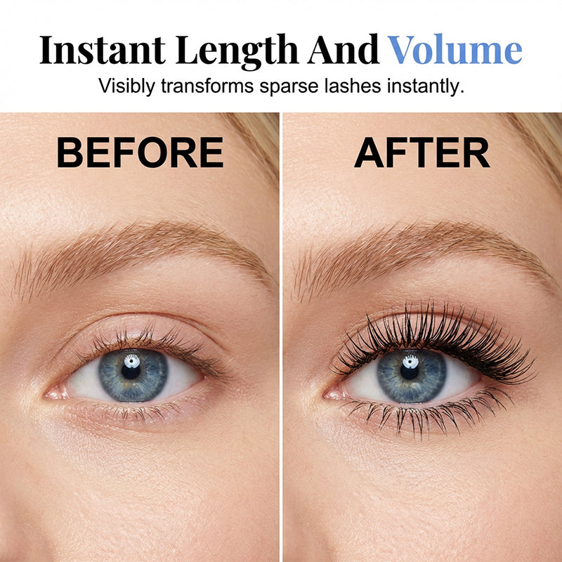 Vorher/Nachher: Dramatisch verlängerte und voluminöse Wimpern dank der schnelltrocknenden Mascara.