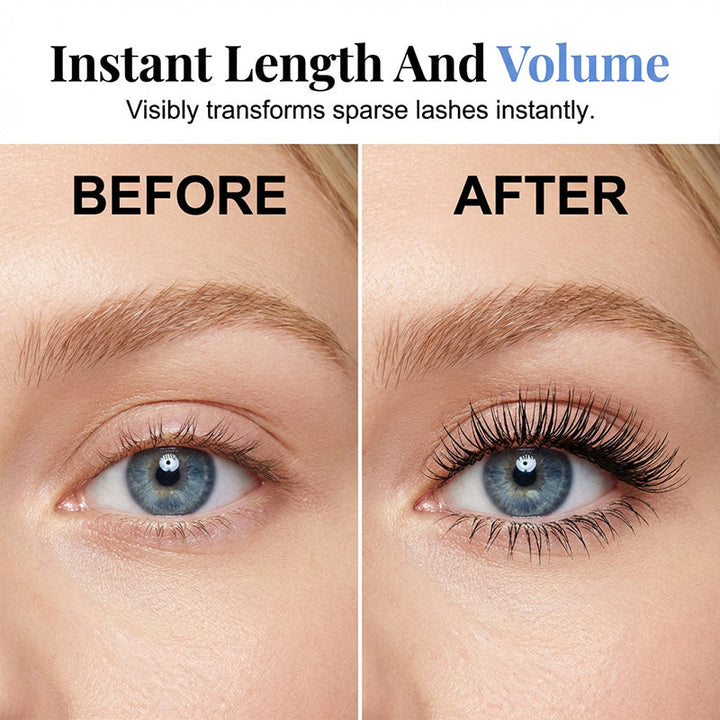 Vorher/Nachher: Dramatisch verlängerte und voluminöse Wimpern dank der schnelltrocknenden Mascara.