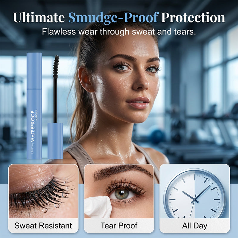 Frau trägt schwarze wasserfeste Mascara auf für definierte, schwungvolle Wimpern und ausdrucksstarke Augen.