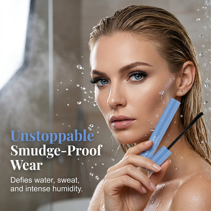 Wimpern mit Wasserperlen: Zeigt die wasserfeste Formel der Mascara, die wischfest den ganzen Tag hält.