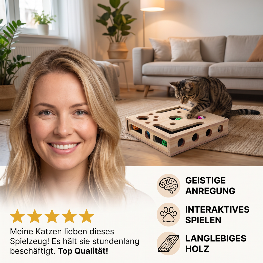 Holz Katzenintelligenzspielzeug mit Wellpappe Kratzeinsatz, Puzzlefunktion und Futterspender für Spiel.