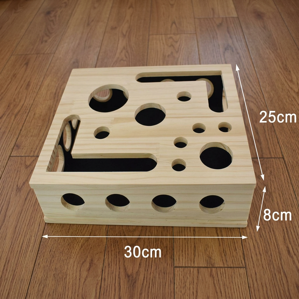 Hochwertiges interaktives Katzenzubehör: Holz Puzzle-Box mit Kratzfläche und Leckerli-Versteck für Spielspaß.