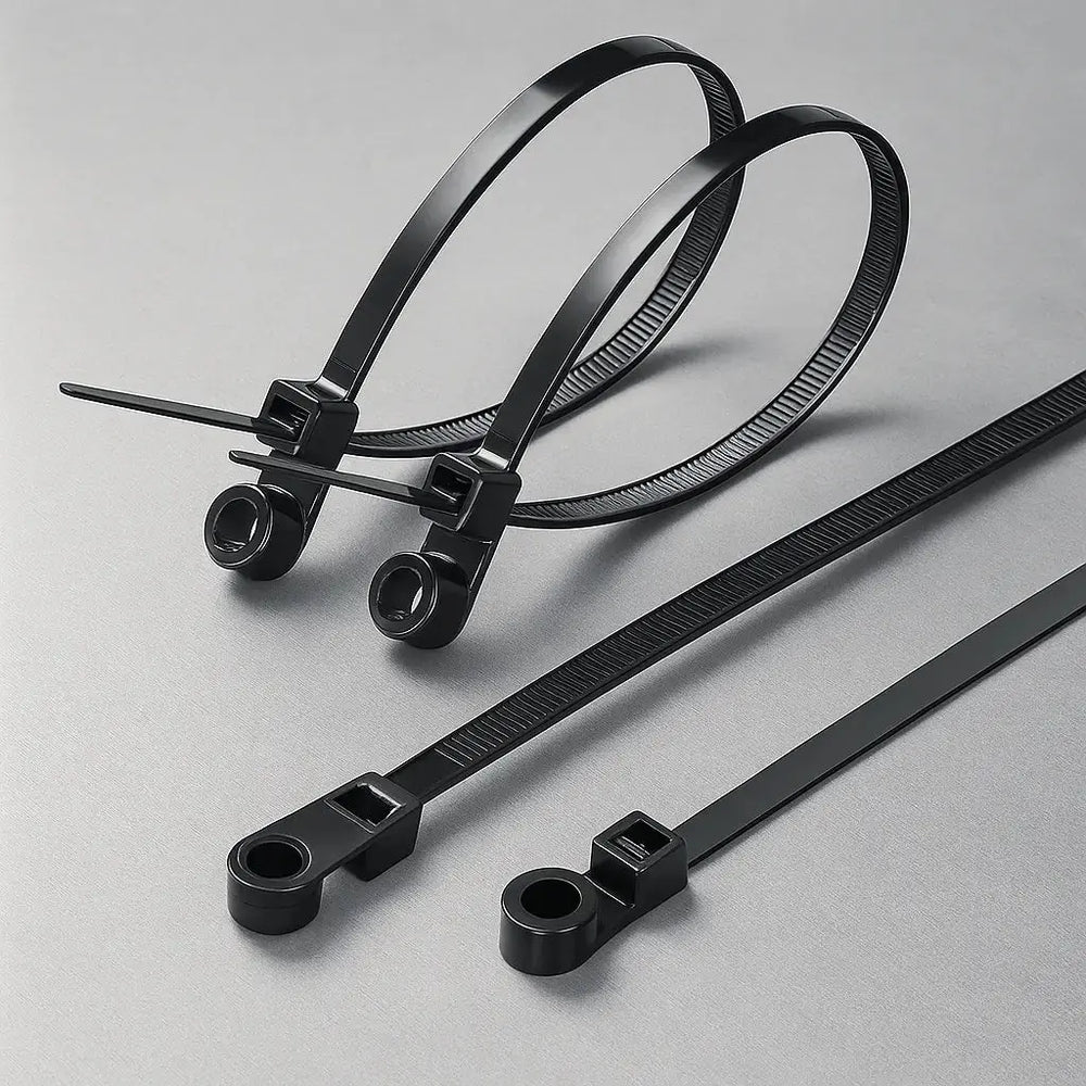 Robuste Nylon Kabelbinder 200 mm mit Schraubloch, hitzebeständig und schwer entflammbar für sicheres Kabelmanagement.