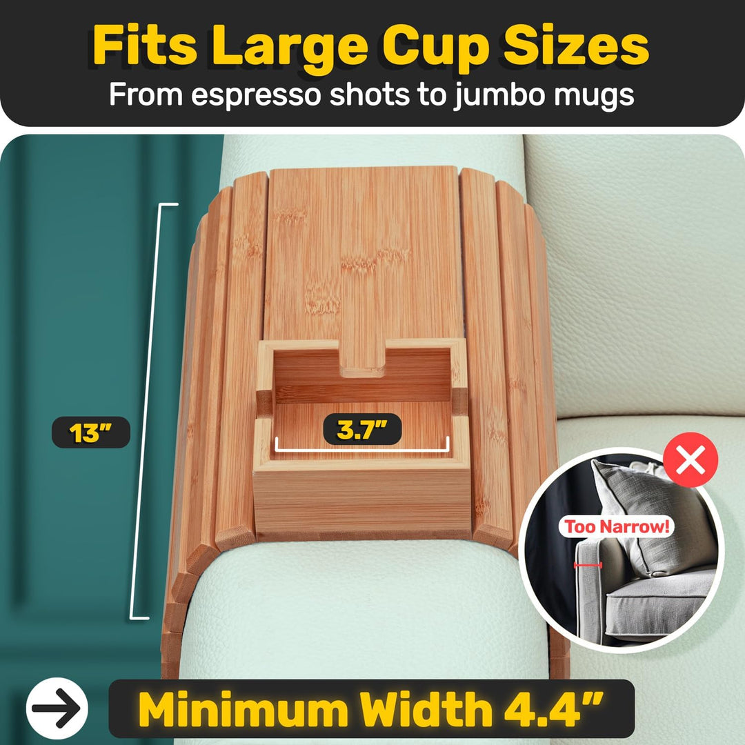 Nie wieder verschüttete Getränke! Rutschfeste Sofa Armlehnenablage aus Holz mit Getränkehalter für mehr Komfort.