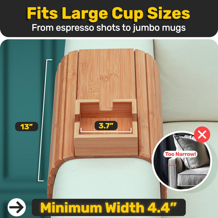 Nie wieder verschüttete Getränke! Rutschfeste Sofa Armlehnenablage aus Holz mit Getränkehalter für mehr Komfort.
