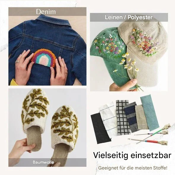 Nahaufnahme eines Sticknadel-Sets mit ergonomischen Griffen für bequemes, präzises Sticken & Handarbeiten.