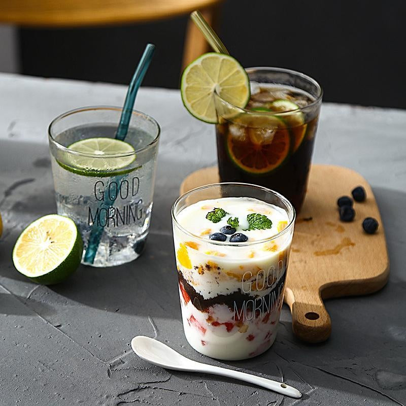 Transparente Guten Morgen Frühstückstasse, vielseitig nutzbar als Kaffeetasse, Müslitasse und Getränketasse.