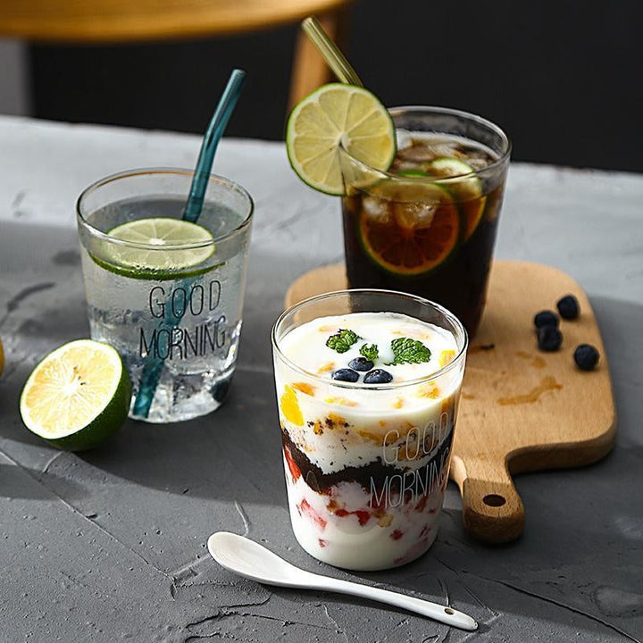 Transparente Guten Morgen Frühstückstasse, vielseitig nutzbar als Kaffeetasse, Müslitasse und Getränketasse.