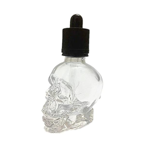 Einzigartige schwarze Totenkopf Glasflasche mit Pipette, perfekt für Präzisionsdosierung und Deko.