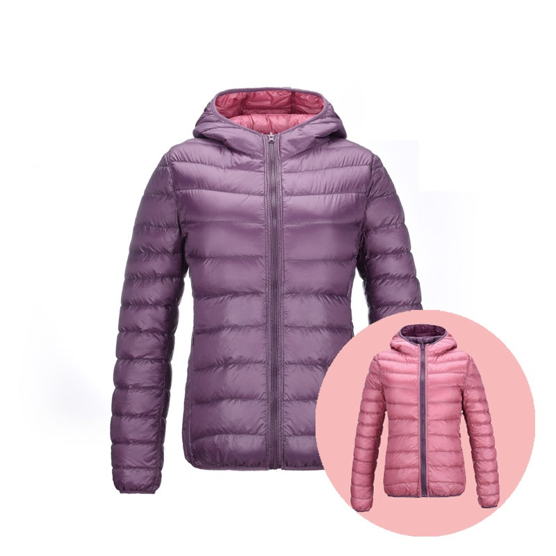 Warme wendbare Damen Winterjacke, leicht & vielseitig, ideal für Reisen.