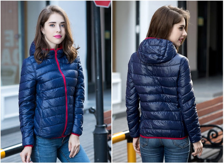 Warme Damen Daunenjacke, wendbar & bequem, für kalte Wintertage.