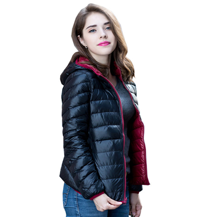 Leichte, stilvolle Damen Winterjacke, wendbar & ideal für Reisen.