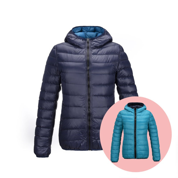 Leichte Daunenjacke Damen, wendbar, super warm & bequem für Outdoor.