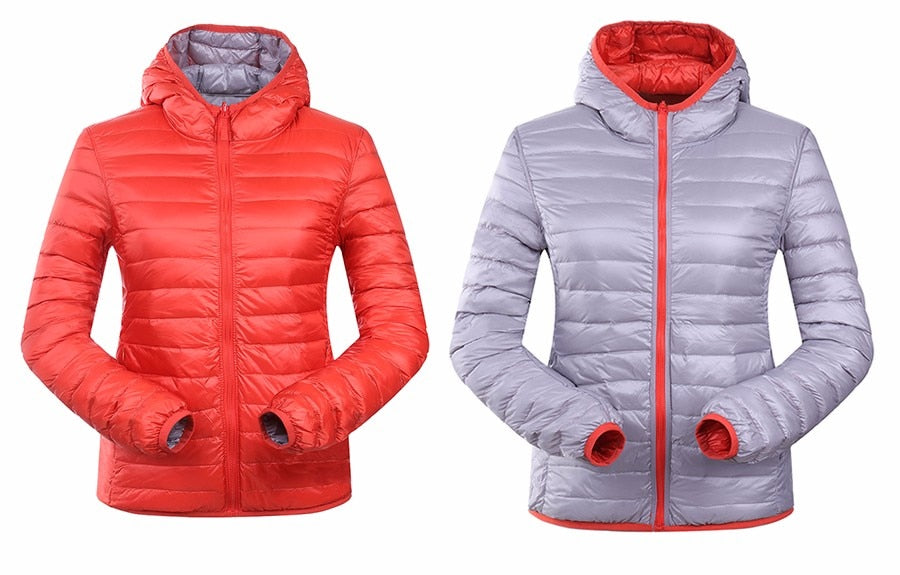 Stilvolle Damen Daunenjacke, wendbar, leicht & perfekt für Reisen.