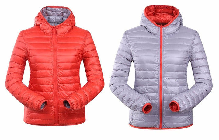 Stilvolle Damen Daunenjacke, wendbar, leicht & perfekt für Reisen.