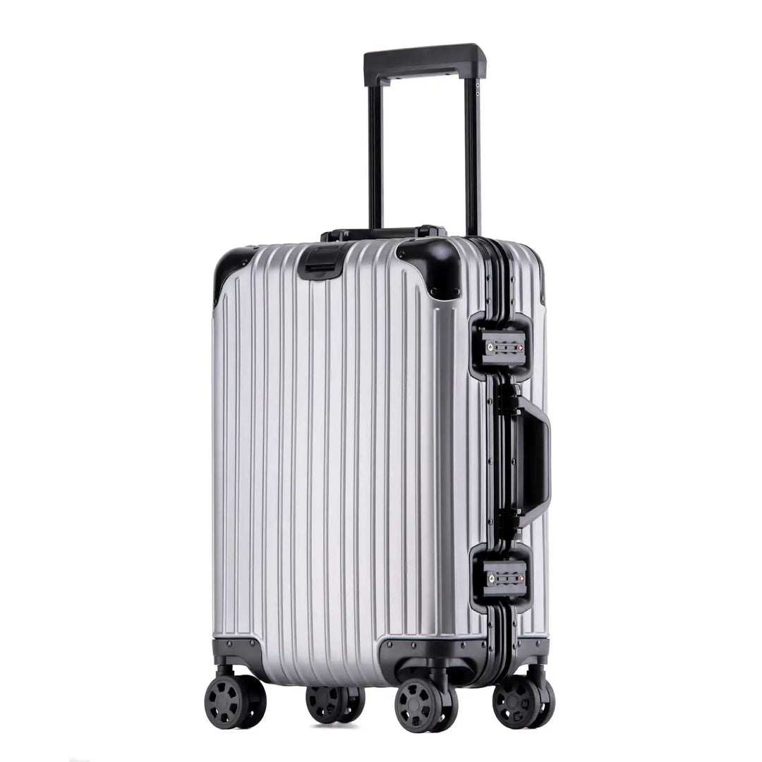 Luxuriöser Hartschalenkoffer aus Aluminium mit sicherem TSA-Schloss für anspruchsvolle Reisende.