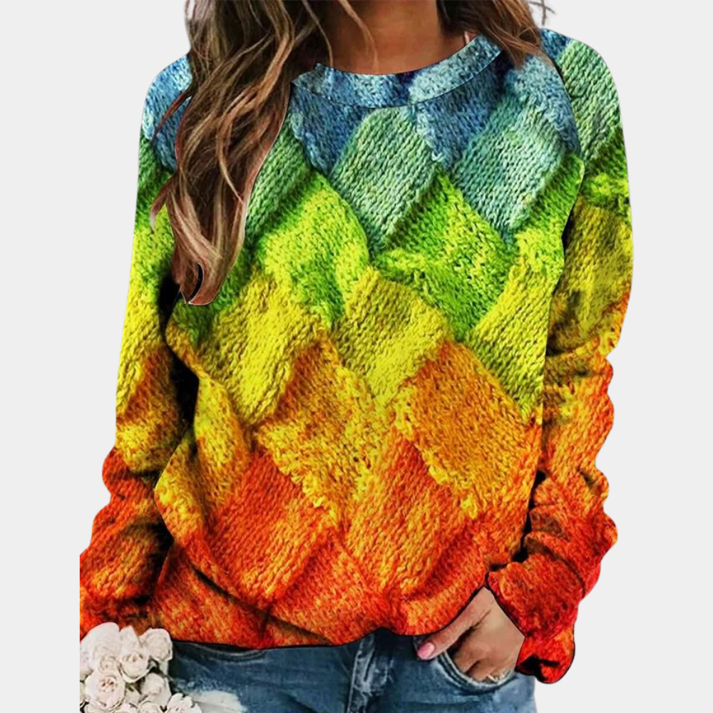 Stilvoller Damen-Patchwork-Pullover Camilla. Bunter Strickpullover für Damen, ideal für Herbst & Winter.