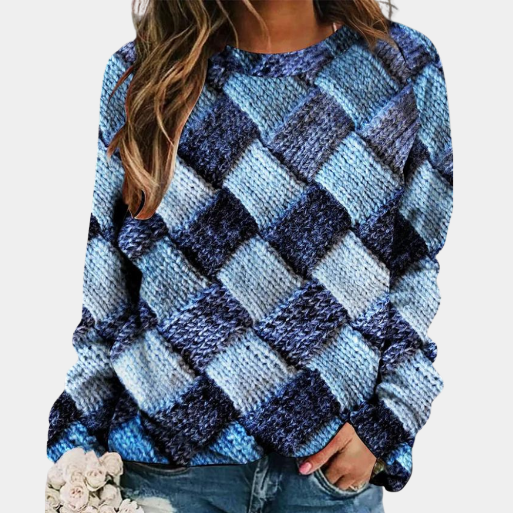 Eleganter bunter Damenpullover Camilla aus Strick mit lebendigem Patchwork-Design. Perfekt für lässige Herbstlooks.