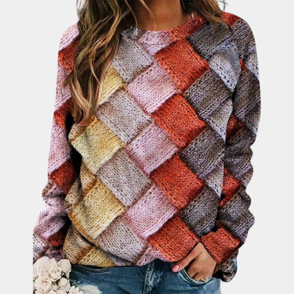 Modischer Damen-Strickpullover Camilla, buntes Patchwork. Lässiger Winterpullover, ideal für Frauenmode.