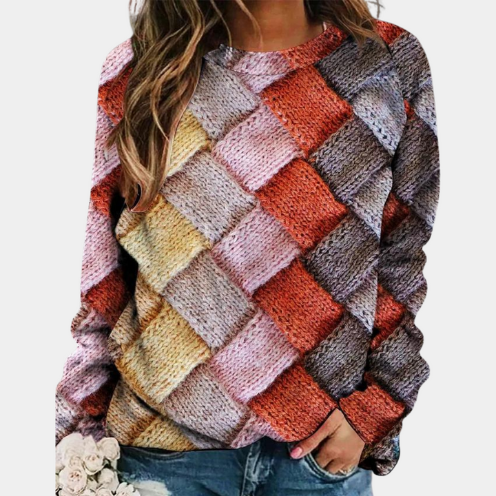 Modischer Damen-Strickpullover Camilla, buntes Patchwork. Lässiger Winterpullover, ideal für Frauenmode.