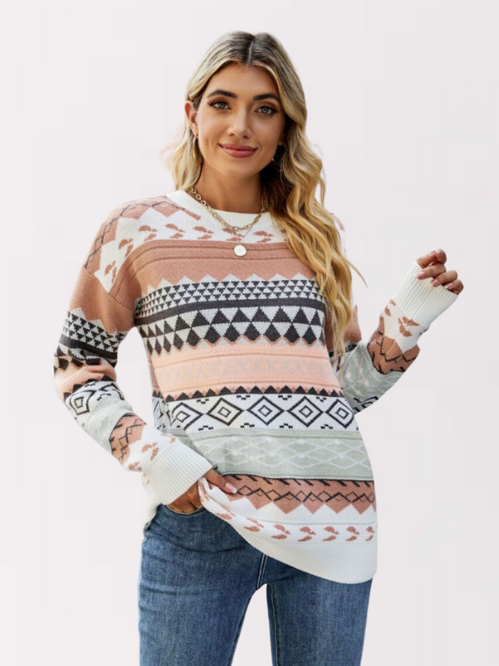 Stilvoller Vintage Damen Pullover Sophie mit einzigartigen Mustern in Schwarz, Rosa, Braun. Ideal für Freizeitlooks.