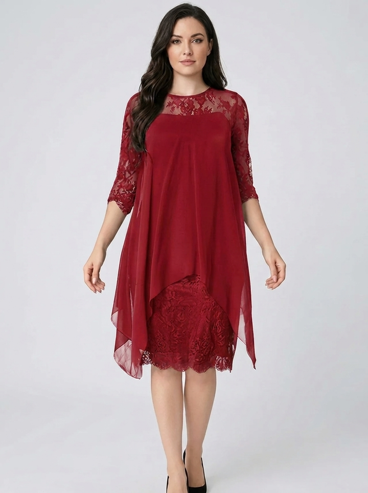 Eleganter Damen Rundhals Stickerei Patchwork Look. Bequemes Freizeit-Minikleid, stilvoll und vielseitig für Damenmode.