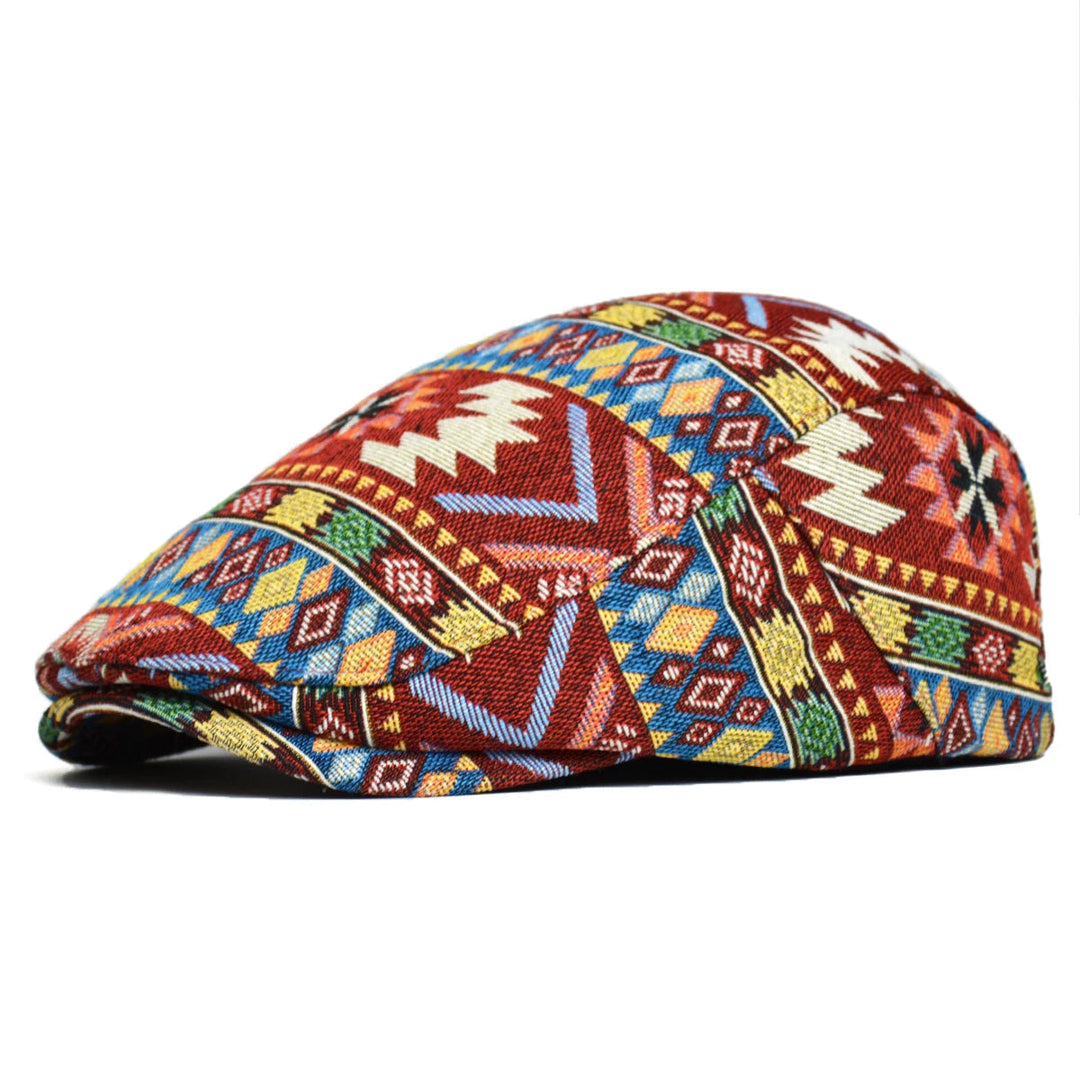 Stylische Herren Baskenmütze mit geometrischem Muster. Eine moderne Kopfbedeckung für Freizeit und Mode.