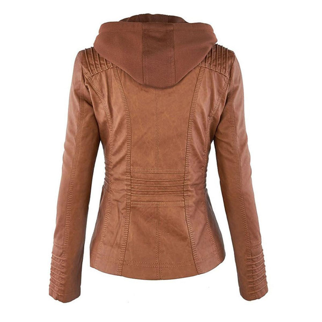 Stylische schwarze Damen Kapuzenjacke im Biker-Stil mit Reißverschluss, ideal für Herbst.
