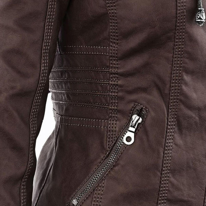 Damen Herbstjacke mit Kapuze, Biker-Elementen und Reißverschluss, bequem und chic.