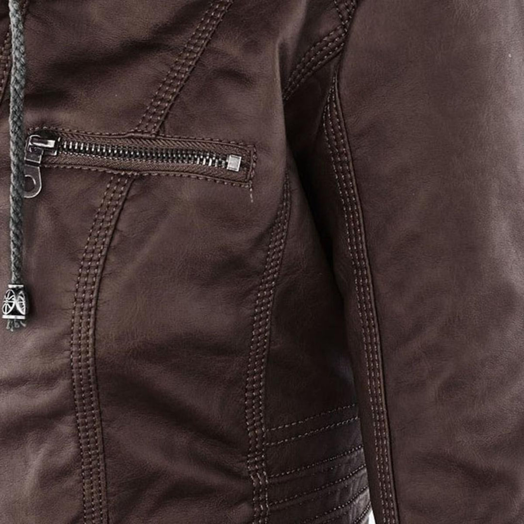 Wintertaugliche Damen Bikerjacke mit Kapuze und Reißverschluss, warm und funktional.