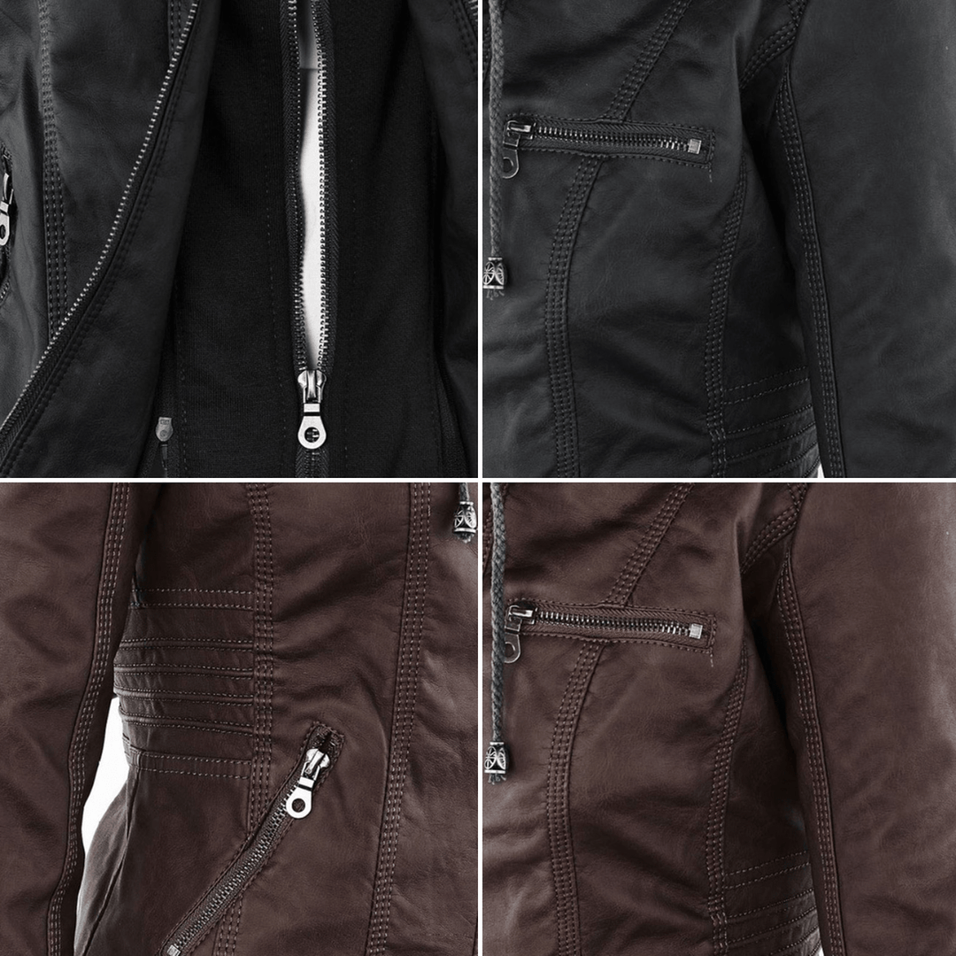 Schwarze Damen Kapuzenjacke im Biker-Stil, Reißverschluss, für stylische Herbst-Looks.