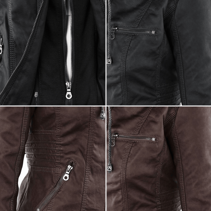 Schwarze Damen Kapuzenjacke im Biker-Stil, Reißverschluss, für stylische Herbst-Looks.
