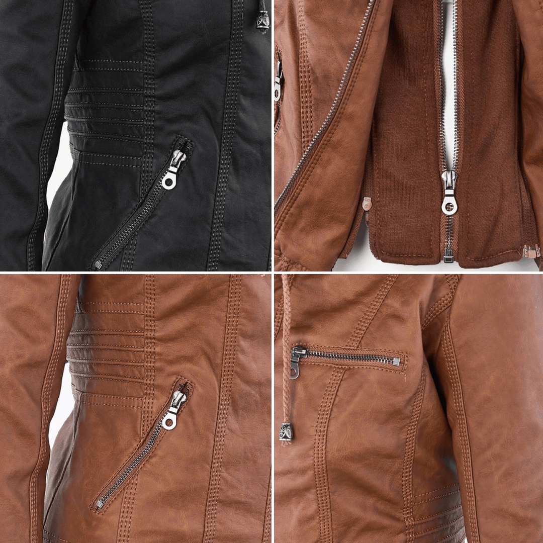 Khaki Damen Kapuzen-Bikerjacke mit Reißverschluss, ideal für den Übergang und Winter.