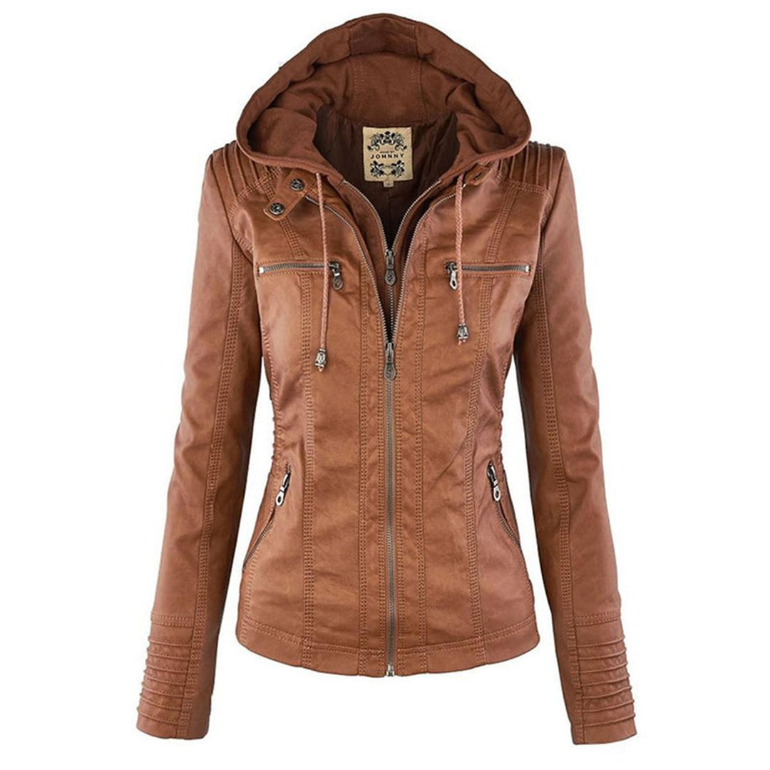 Braune Damen Bikerjacke mit Kapuze und Reißverschluss, modisch und vielseitig kombinierbar.