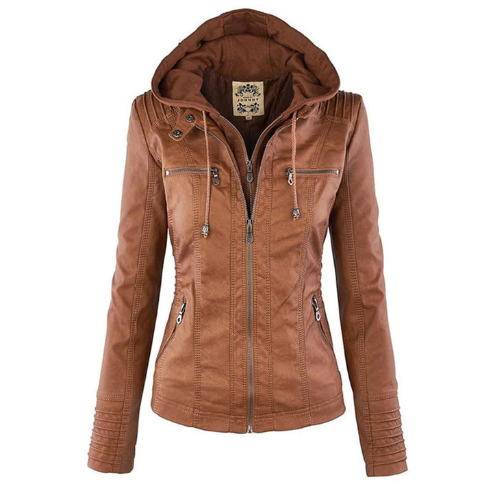 Braune Damen Bikerjacke mit Kapuze und Reißverschluss, modisch und vielseitig kombinierbar.