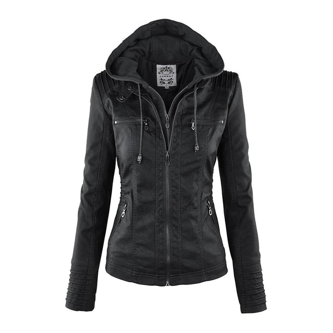 Figurbetonte Damen Kapuzenjacke im Biker-Design mit Reißverschluss, modern und schmeichelhaft.