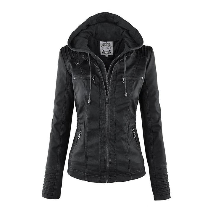 Figurbetonte Damen Kapuzenjacke im Biker-Design mit Reißverschluss, modern und schmeichelhaft.