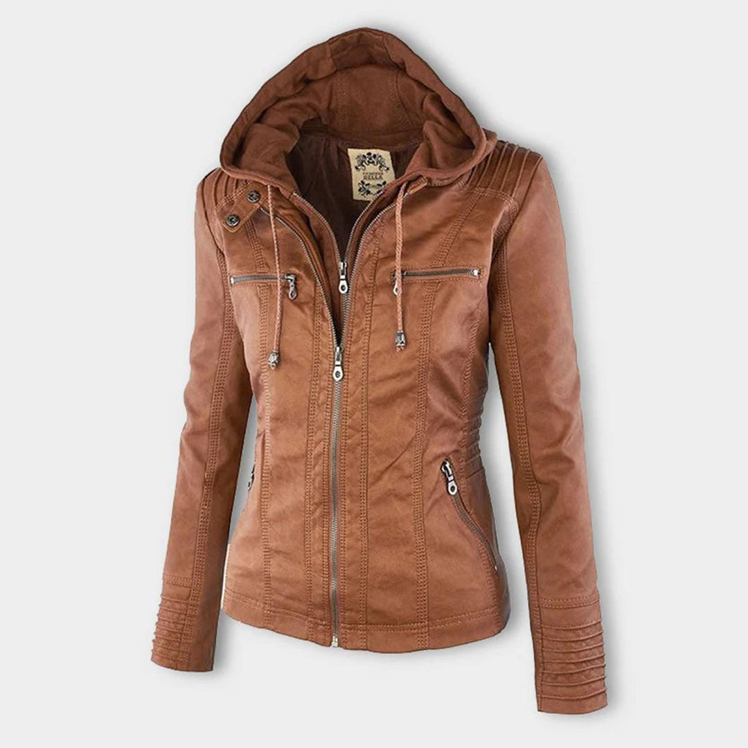 Streetwear-taugliche Damen Bikerjacke mit Kapuze und Reißverschluss, ein Statement-Piece.