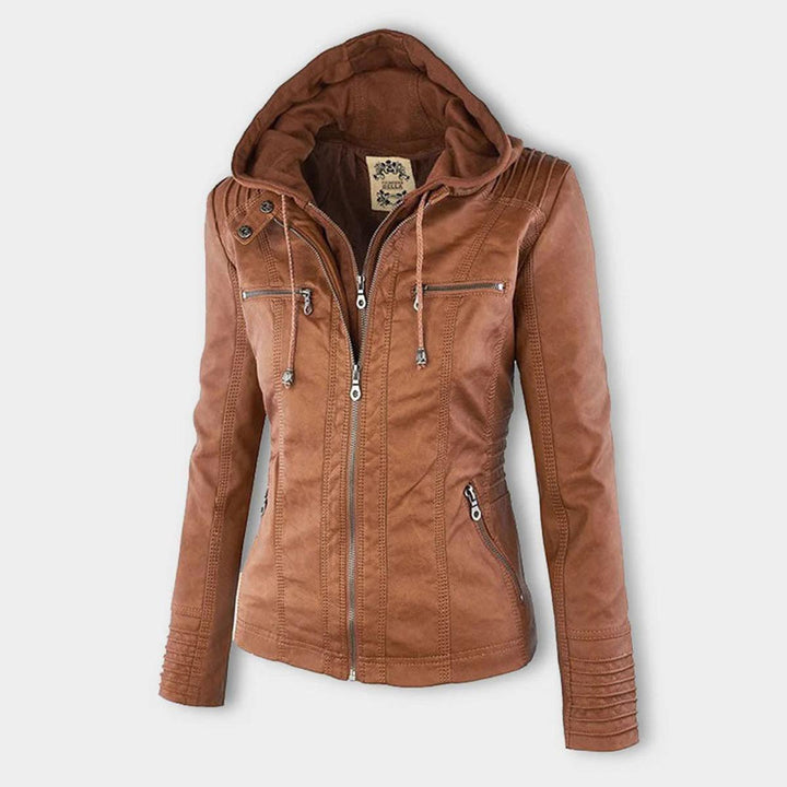 Streetwear-taugliche Damen Bikerjacke mit Kapuze und Reißverschluss, ein Statement-Piece.