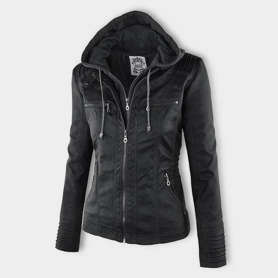 Komfortable Damen Kapuzenjacke im Biker-Look mit Reißverschluss, für kühle Tage optimal.