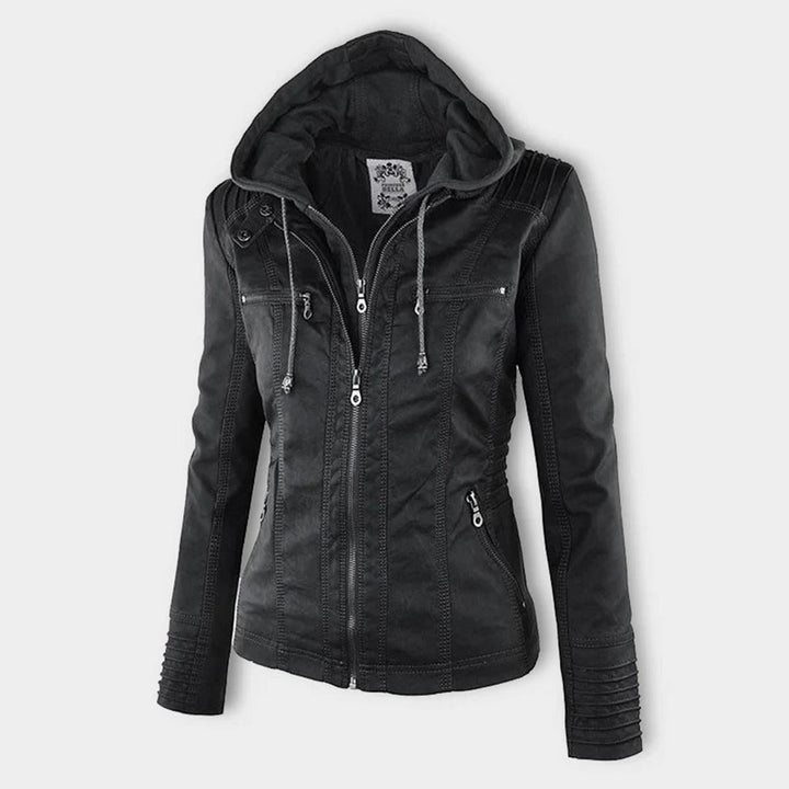 Komfortable Damen Kapuzenjacke im Biker-Look mit Reißverschluss, für kühle Tage optimal.